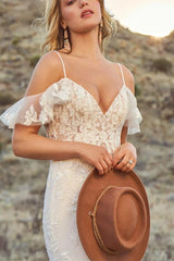 Off-Shoulder Lace Trumpet/Mermaid Beach Wedding Dresses Open Back Sweep Train