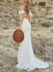 Off-Shoulder Lace Trumpet/Mermaid Beach Wedding Dresses Open Back Sweep Train