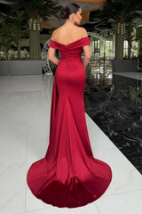Off Shoulder Satin Mermaid Prom Dress with Crystal Trim and Draped Panel
