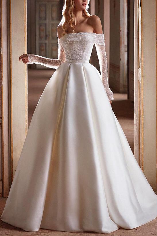 Off-The-Shoulder A-Line Beach Wedding Dress With Long Sleeves and Pockets Featuring Sequins