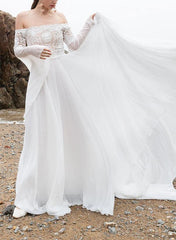 Off-The-Shoulder A-Line Beach Wedding Dress with Long Sleeves in Chiffon/Lace