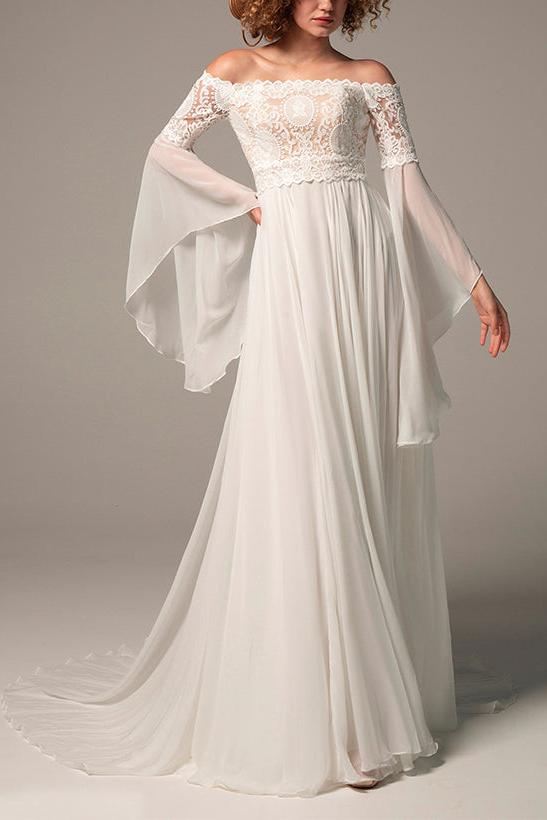 Off-The-Shoulder A-Line Beach Wedding Dress with Long Sleeves in Chiffon/Lace