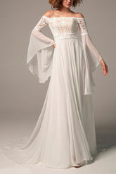Off-The-Shoulder A-Line Beach Wedding Dress with Long Sleeves in Chiffon/Lace