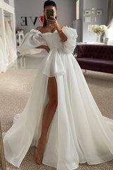 Off-The-Shoulder A-Line Beach Wedding Dress with Split Front and 1/2 Sleeves