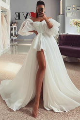 Off-The-Shoulder A-Line Beach Wedding Dress with Split Front and 1/2 Sleeves
