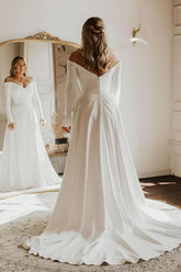 Off-The-Shoulder A-Line Elastic Satin Wedding Dresses with Long Sleeves