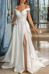 Off-The-Shoulder A-Line Pleated Wedding Dress With Split Front