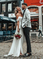 Off-The-Shoulder A-Line Satin Beach Wedding Dresses With Split Front