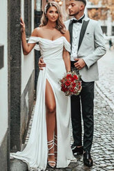 Off-The-Shoulder A-Line Satin Beach Wedding Dresses With Split Front