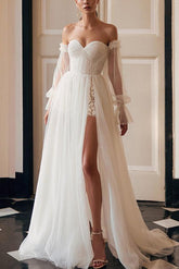 Off-The-Shoulder A-Line Wedding Dress with Long Sleeves and Split Front