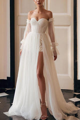 Off-The-Shoulder A-Line Wedding Dress with Long Sleeves and Split Front