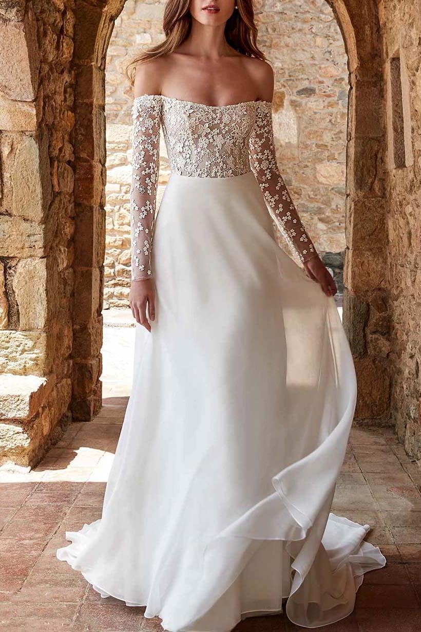Off-The-Shoulder A-Line Wedding Dresses with Lace Long Sleeves