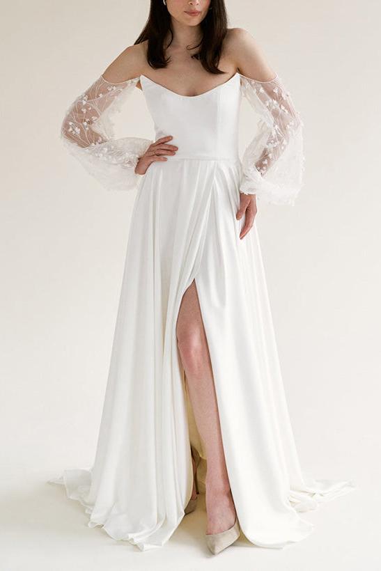 Dreamyannie Women Wedding Dress Off-The-Shoulder A-Line Bridal Dress with Long Sleeves and Split Front Dreamyannie UK Dreamyannie Women Wedding Dress Off-The-Shoulder A-Line Bridal Dress with Long Sleeves and Split Front Dreamyannie UK