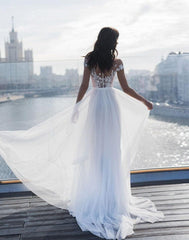Off The Shoulder Appliques A Line Beach Wedding Dress Side Split Tulle Bridal Dress