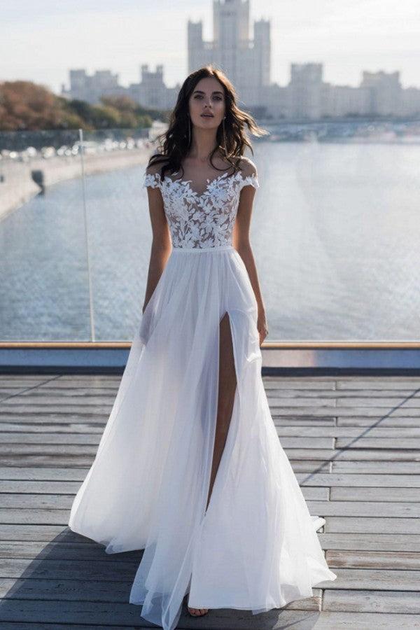 Off The Shoulder Appliques A Line Beach Wedding Dress Side Split Tulle Bridal Dress