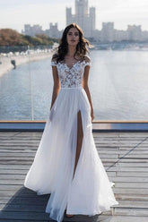 Off The Shoulder Appliques A Line Beach Wedding Dress Side Split Tulle Bridal Dress