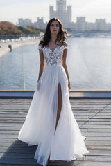 Off The Shoulder Appliques A Line Beach Wedding Dress Side Split Tulle Bridal Dress