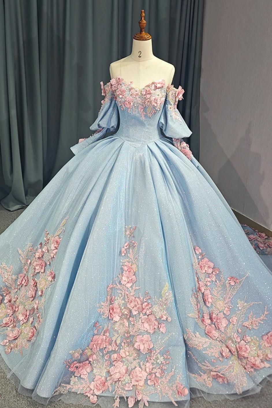 Off The Shoulder Ball Gown Quinceanera Dress With 3D Flowers & Beadings