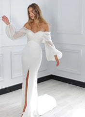 Off-The-Shoulder Beach Wedding Dresses with Long Puff Sleeves