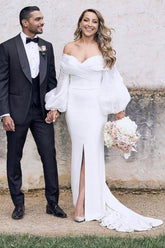 Off-The-Shoulder Beach Wedding Dresses with Long Puff Sleeves