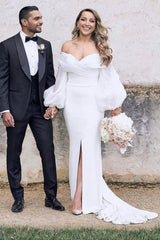 Off-The-Shoulder Beach Wedding Dresses with Long Puff Sleeves