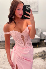 Off The Shoulder Blush Prom Dress Mermaid Corset Floor Length Formal Dress With Appliques