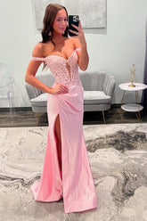 Off The Shoulder Blush Prom Dress Mermaid Corset Floor Length Formal Dress With Appliques