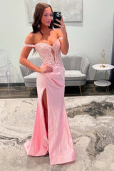Off The Shoulder Blush Prom Dress Mermaid Corset Floor Length Formal Dress With Appliques