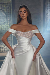 Off-The-Shoulder Chapel Train Satin Wedding Dresses With Panel Train