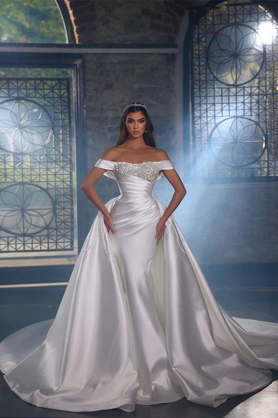 Off-The-Shoulder Chapel Train Satin Wedding Dresses With Panel Train