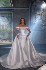 Off-The-Shoulder Chapel Train Satin Wedding Dresses With Panel Train