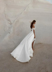 Off The Shoulder Court Train Beach Wedding Dress With Split Front