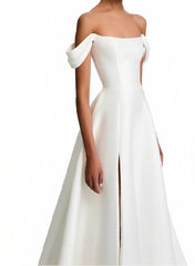 Off The Shoulder Court Train Beach Wedding Dress With Split Front