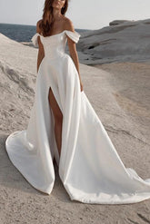 Off The Shoulder Court Train Beach Wedding Dress With Split Front