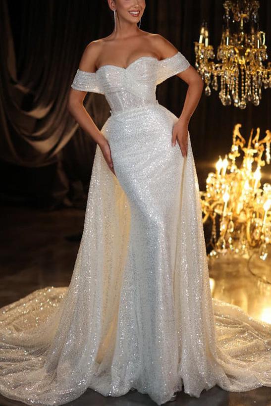 Off-The-Shoulder Detachable Sequined Trumpet/Mermaid Wedding Dresses