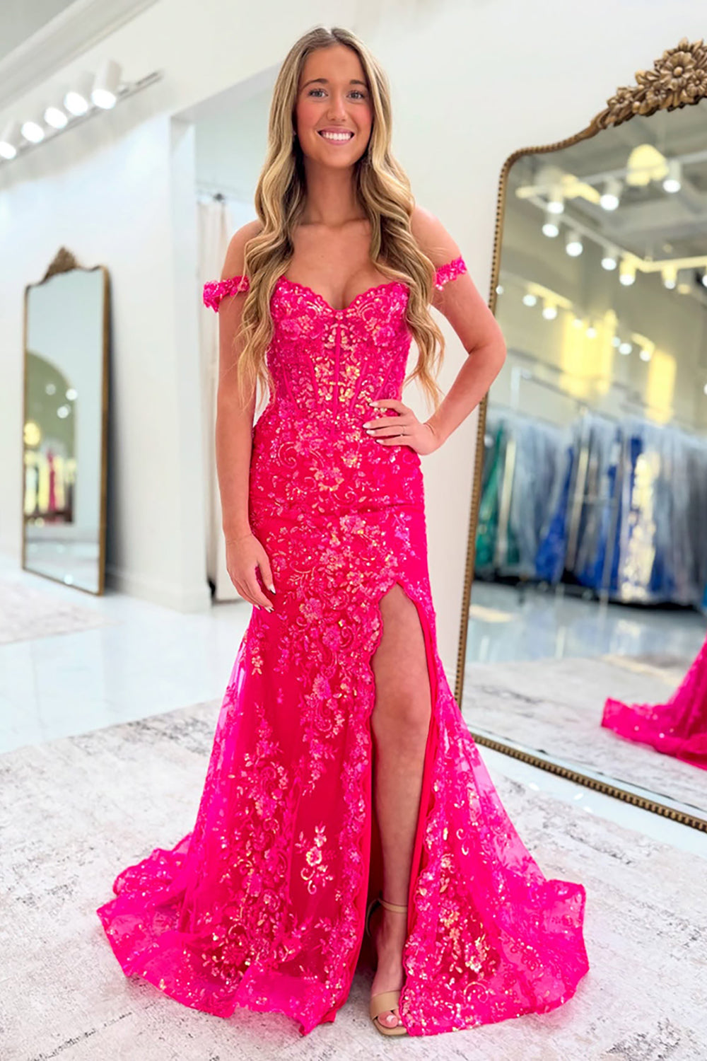 Off The Shoulder Fuchsia Prom Dress Mermaid Long Formal Dress With Slit
