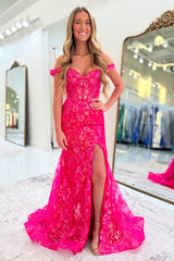 Off The Shoulder Fuchsia Prom Dress Mermaid Long Formal Dress With Slit