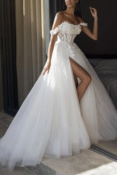 Off-The-Shoulder Lace/Tulle Wedding Dress With Split Front
