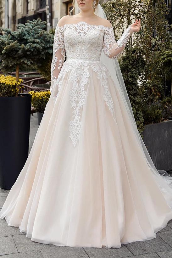 Off-The-Shoulder Long Sleeves Ball Gown Wedding Dresses With Boho Lace/Tulle