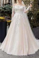 Off-The-Shoulder Long Sleeves Ball Gown Wedding Dresses With Boho Lace/Tulle