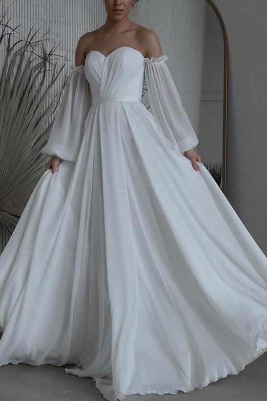 Off-The-Shoulder Long Sleeves Floor-Length Tulle Wedding Dresses