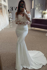 Off-The-Shoulder Long Sleeves Lace/Elastic Satin Wedding Dresses for Mermaids