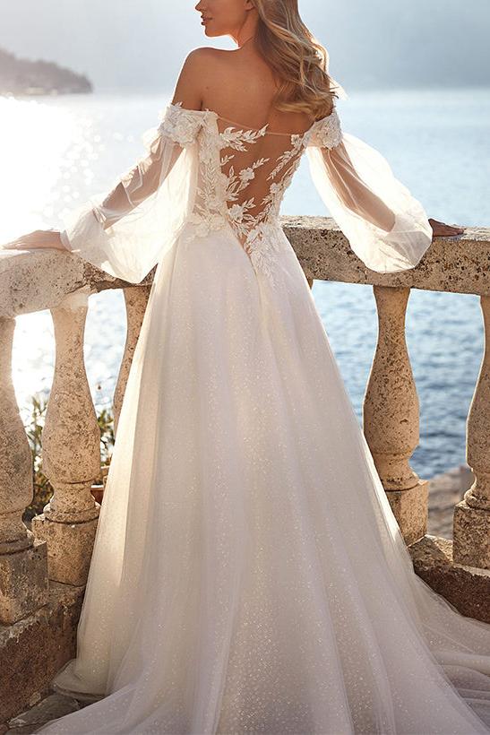 Dreamyannie Women Wedding Dress Off-The-Shoulder Long Sleeves Lace/Tulle Bridal Dress Dreamyannie UK Dreamyannie Women Wedding Dress Off-The-Shoulder Long Sleeves Lace/Tulle Bridal Dress Dreamyannie UK