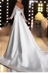 Off-The-Shoulder Long Sleeves Mermaid Trumpet Satin Wedding Dresses With Panel Train
