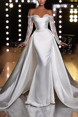 Off-The-Shoulder Long Sleeves Mermaid Trumpet Satin Wedding Dresses With Panel Train
