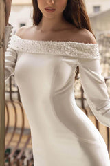 Off-The-Shoulder Long Sleeves Pearl Detachable Wedding Dress