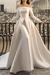 Off-The-Shoulder Long Sleeves Pearl Detachable Wedding Dress