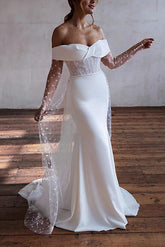 Off-The-Shoulder Long Sleeves Sweep Train Lace/Elastic Satin Beach Wedding Dress With Lace