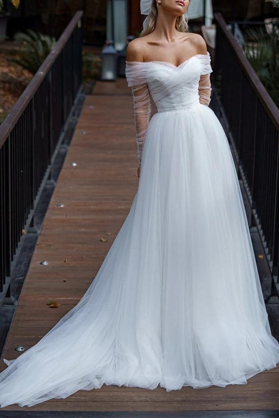 Off-The-Shoulder Long Sleeves Sweep Train Tulle Wedding Dresses