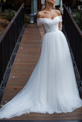 Off-The-Shoulder Long Sleeves Sweep Train Tulle Wedding Dresses